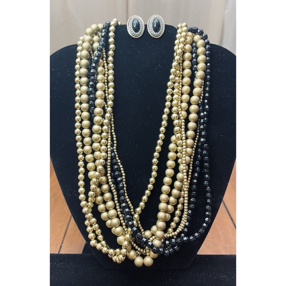 Lot Black & Gold Tone Beaded Necklace 17" & Pierced Earrings Fashion Jewelry